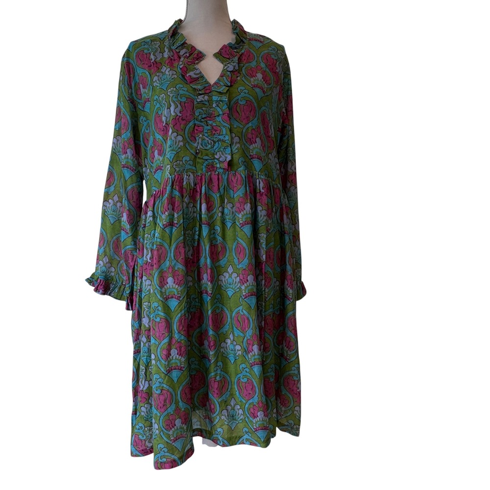 Bella Tu Women XL Green Pink Block Print Ruffle Dress Side Zip Pockets - Picture 14 of 14